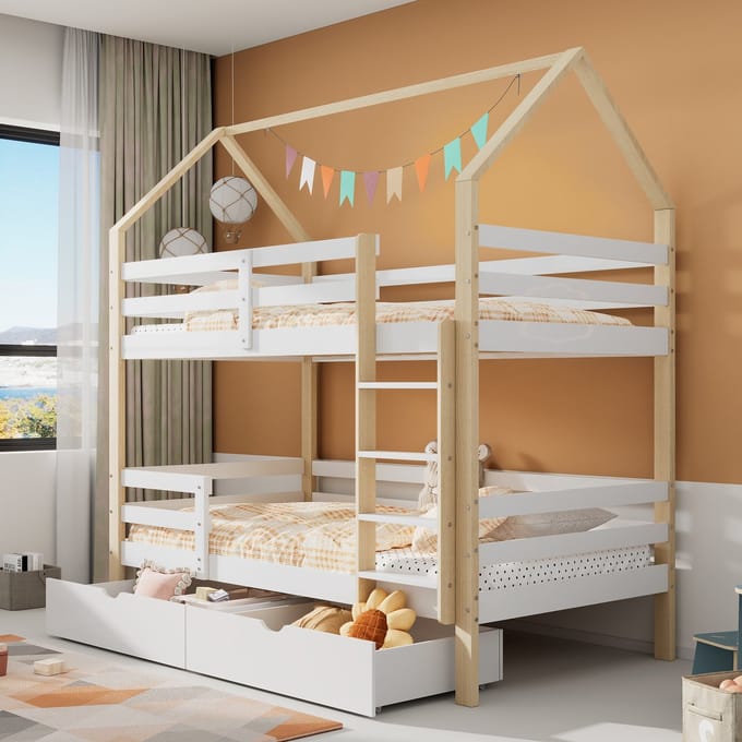 MODFU - Kinderbed 90x200 cm – Wit/eiken met huisdesign & lades – Massief grenenhout