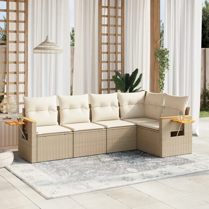 vidaXL - 5-delige - Loungeset - met - kussens - poly - rattan - beige