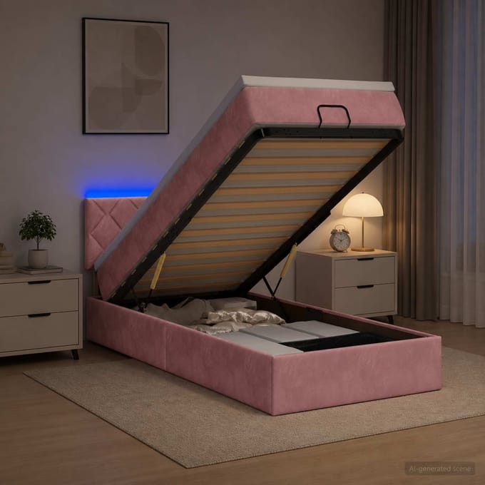 vidaXL - Ottomaanse - Bed - met - Matras - en - LED - Roze - 90 - x - 190 - cm - fluweel