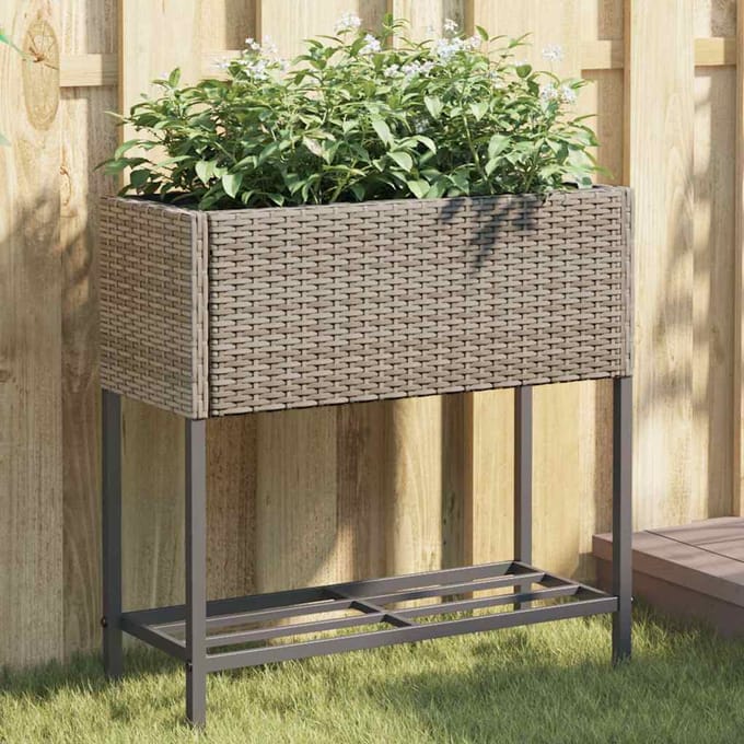 vidaXL - Plantenbak - met - schap - poly - rattan - grijs
