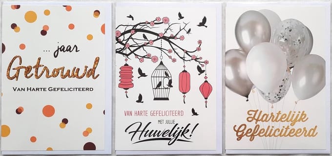 3 Wenskaarten - Huwelijk - … Jaar Getrouwd – Hartelijk Gefeliciteerd - 12 x 17 cm – GET-309