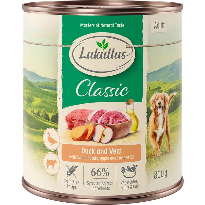 6x800g Adult Eend & Kalf Lukullus Natuurkost Graanvrij Hondenvoer nat