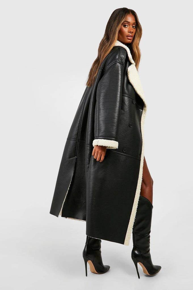 boohoo Dames Borg Trim Maxi Aviator Coat | Black | Maat: 14