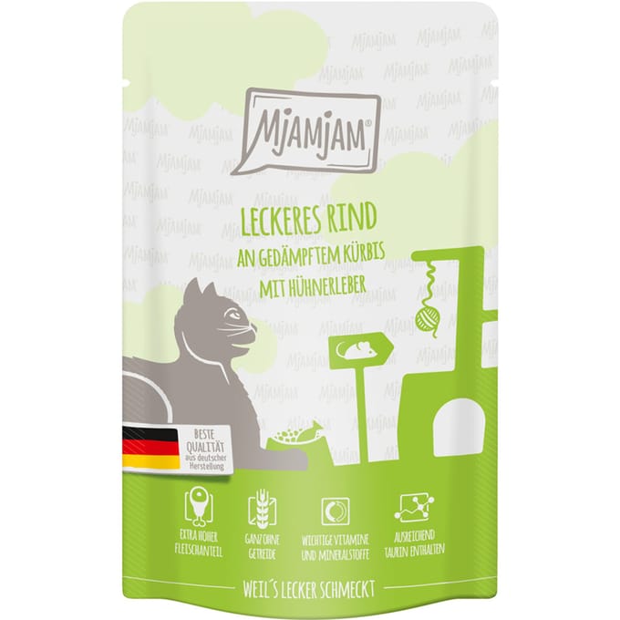 12x125g MjAMjAM Quetschie Heerlijk Rundvlees op Gestoomde Pompoen Kattenvoer Nat