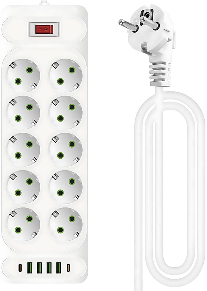 10-Voudige Stekkerdoos - Stekkerdoos met Schakelaar - Stekkerdoos met USB - USB-C 2500W Snellader - Antislip - Wit