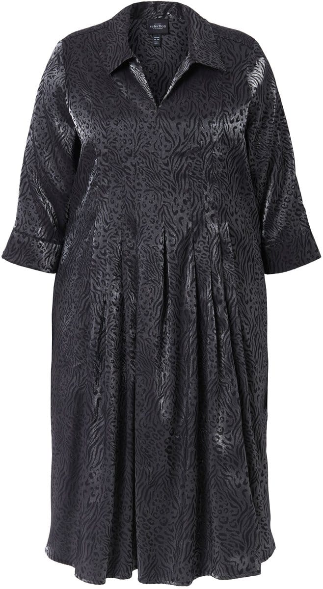 Ulla Popken - Dames - Midi-jurk jacquard-luipaardpatroon overhemdkraag - Zwart - Maat 54+