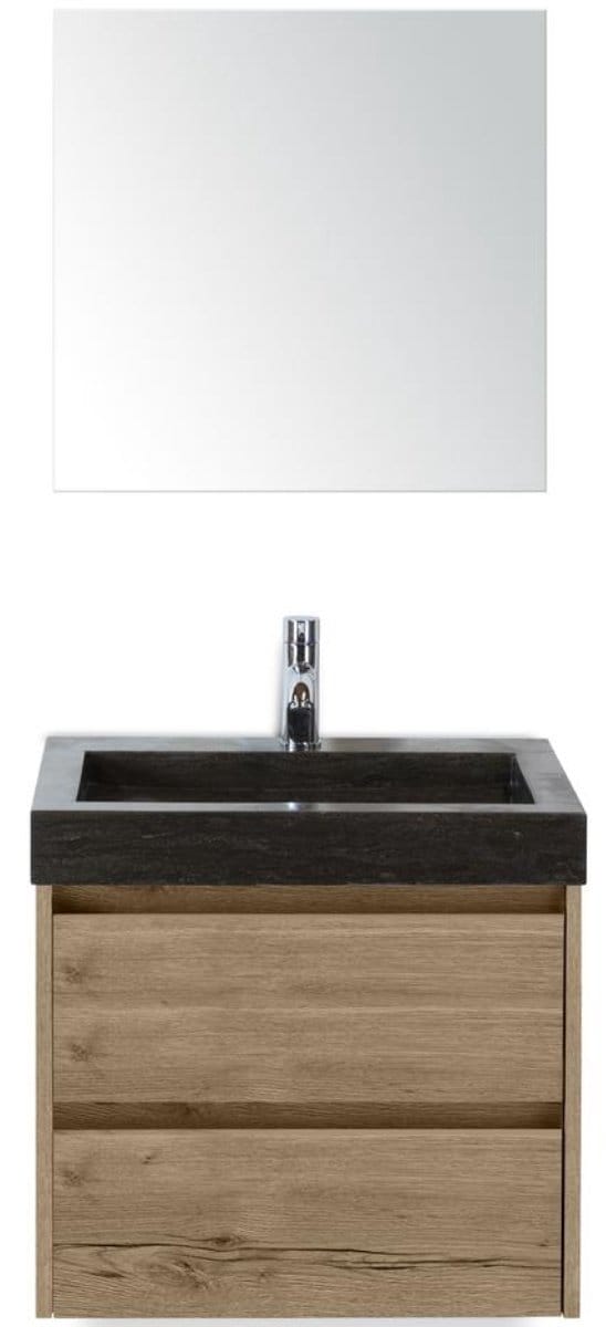 Dante Badmeubelset 60 cm - Natuur Eiken - Wastafel Hardsteen Wit Lucca met Spiegel