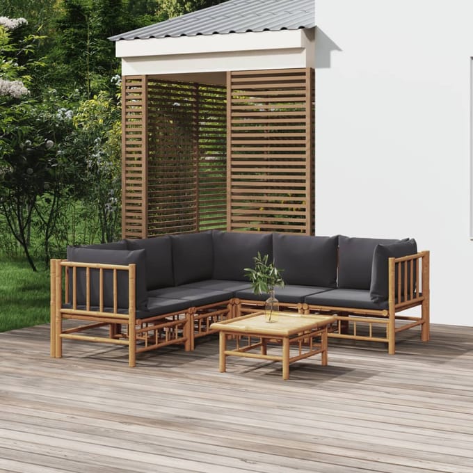 vidaXL - 6-delige - Loungeset - met - kussens - bamboe - donkergrijs