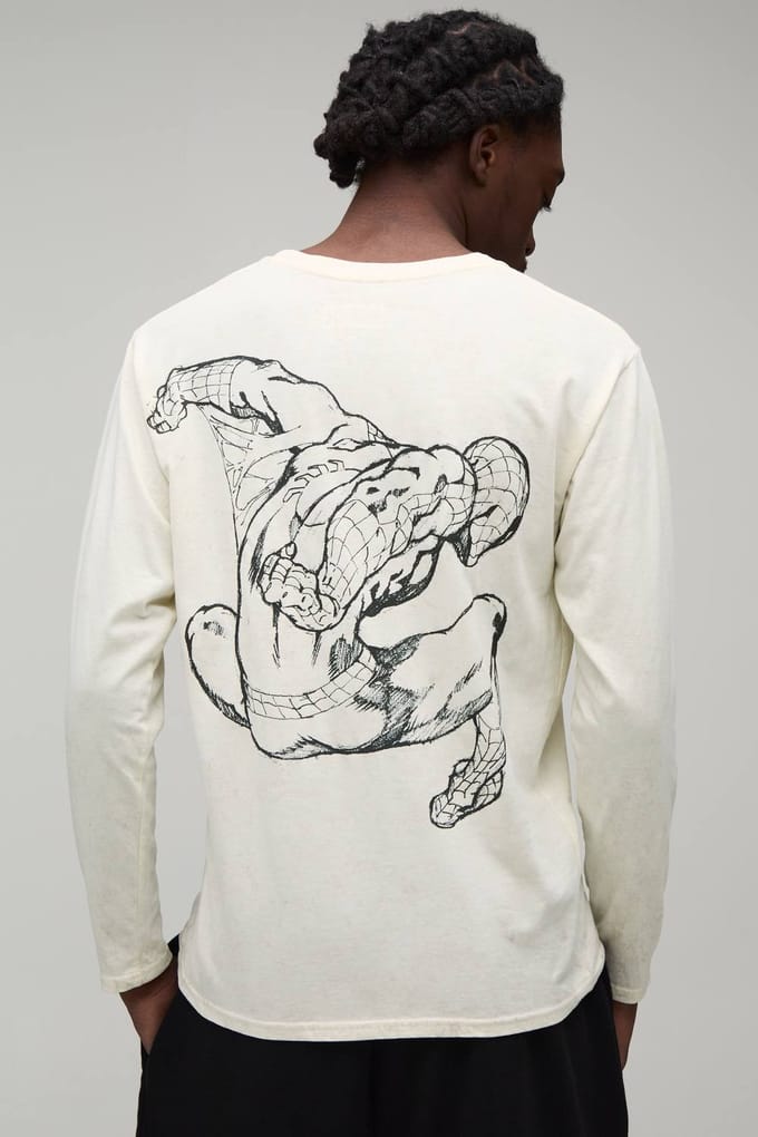 Oversized Spiderman Lange Mouw Acid Wash Licentie Print T-shirt | Stonewashed | Size Small