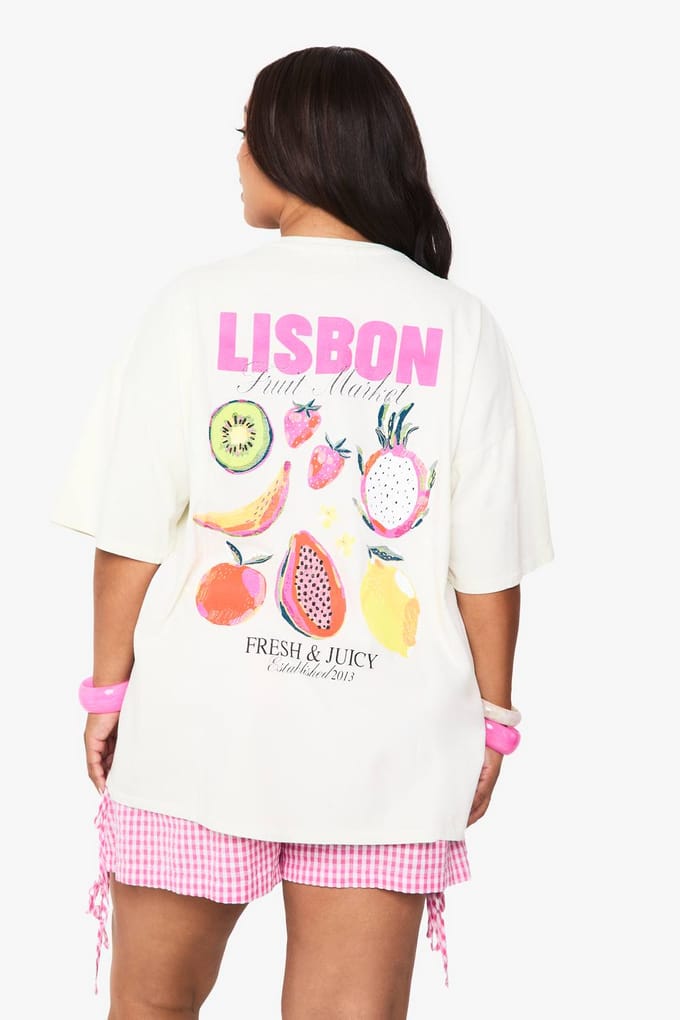 boohoo Dames PLUS LISBON FRUIT OVERSIZED T-SHIRT | Citroen | Maat: 52