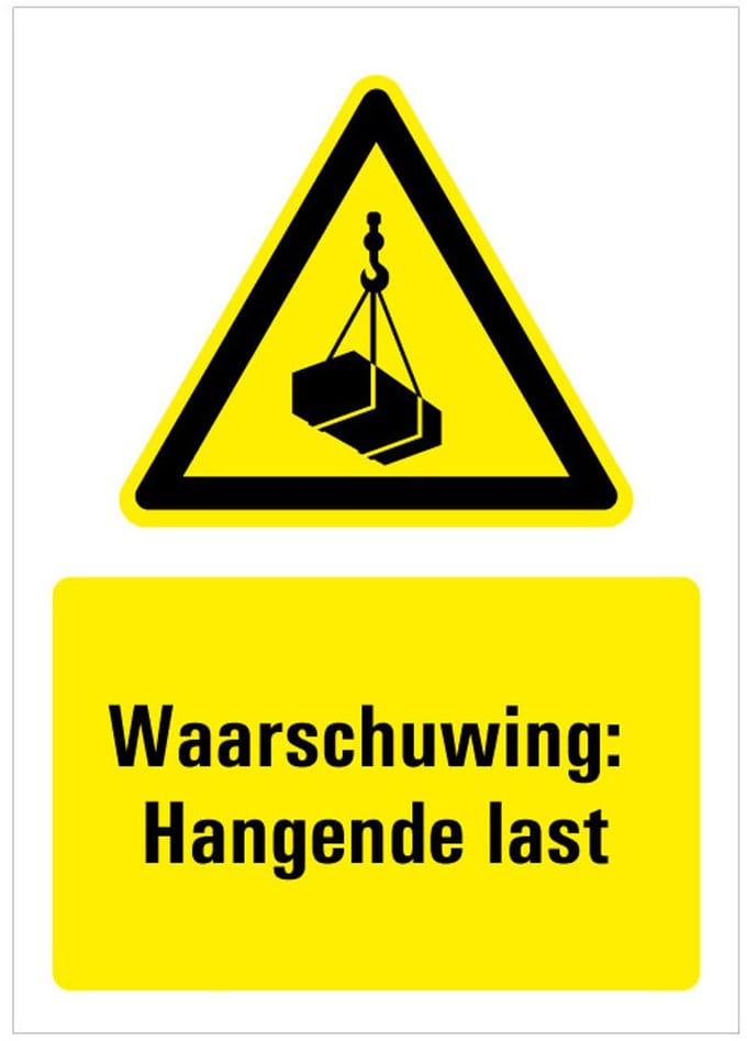 Sticker met tekst waarschuwing hangende last, W015 148 x 210 mm