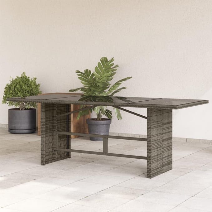 Tuintafel Glasplaat - Buitentafel Rotan - Buiten Genieten - Stabiel Stalen Frame - 190 x 80 cm - Grijs