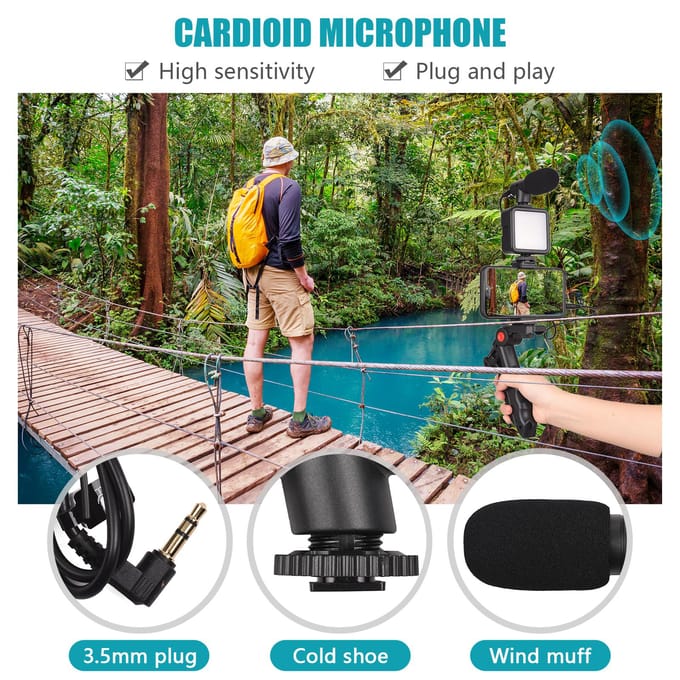 Smartphone Vlog Kit Mini LED Videolamp + Cardioïde Microfoon + Uitschuifbare Telefoonclip + Statief zwart