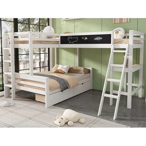 ModernLuxe Stapelbed 2x90x200cm + 140x200cm in hout - met bureau en 2 lades - Wit