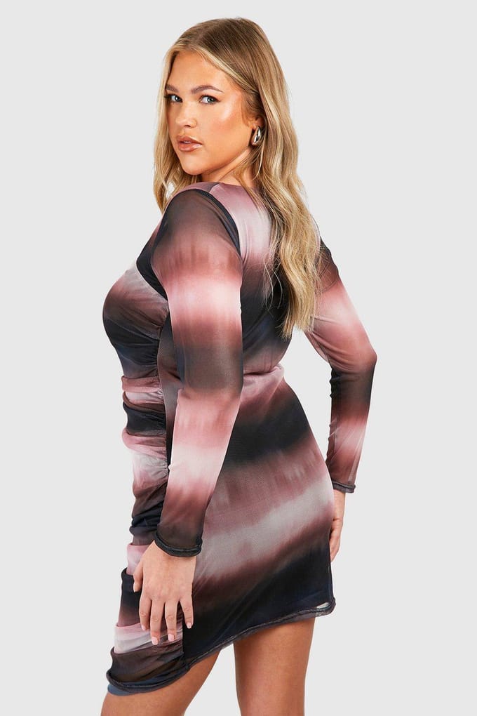 boohoo Dames Plus geprinte mesh bodycon jurk | Violet | Maat: 54