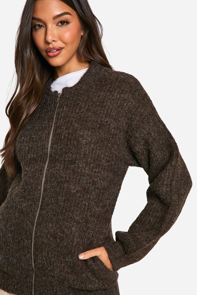 boohoo Dames Oversized Zip Door Gebreide Bomberjack | Chocolate | Maat: Small