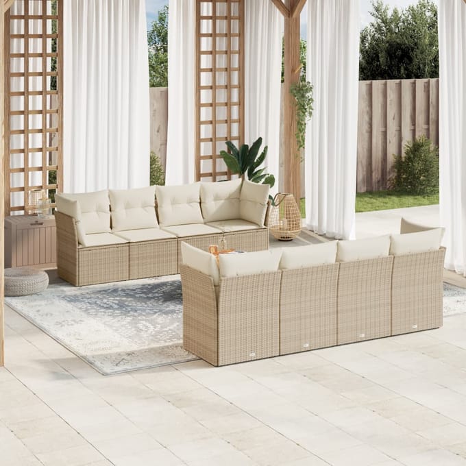 vidaXL - 9-delige - Loungeset - met - kussens - poly - rattan - beige