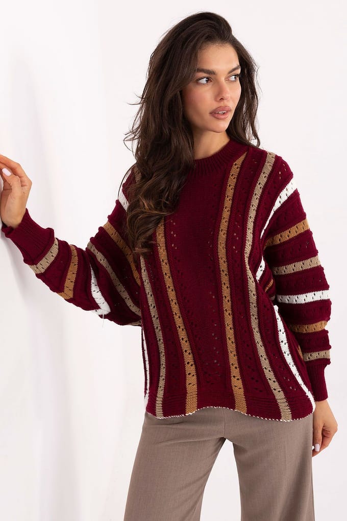 Striped Ajour Sweater - Burgunderrot / Einheitsgröße