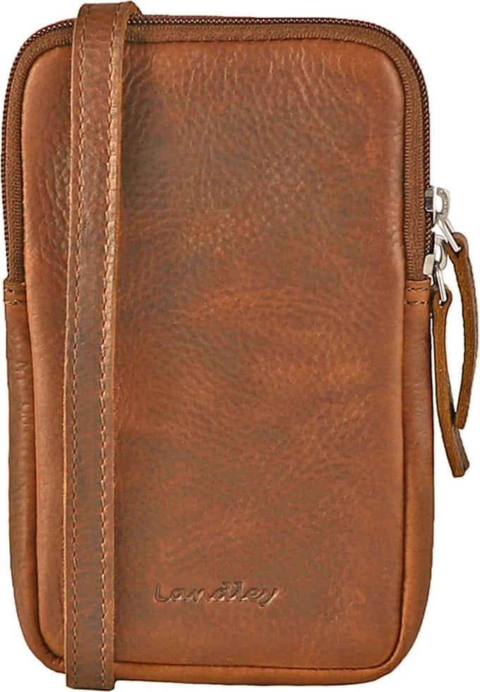 Landley Compact Leren Dames Telefoontasje - Antique Vintage Pull-up Leer - Cognac