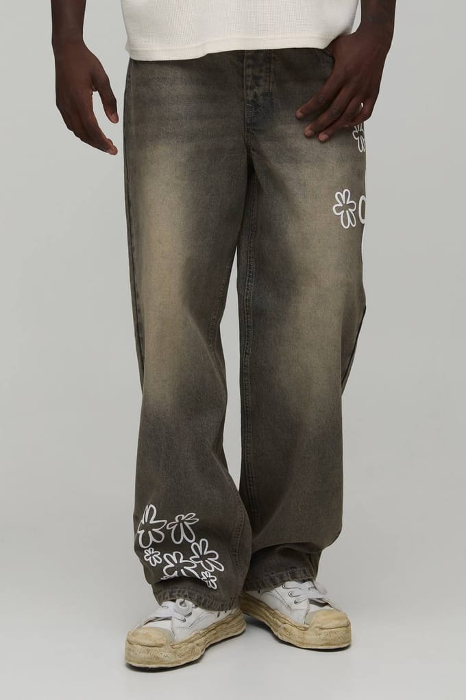 Relaxed Fit Jeans Met Bloemen Puff Print | Stone | Size 34R