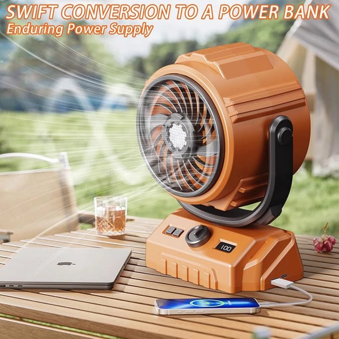 Camping Ventilator - Buiten Ventilator - 100 Windsnelheid - 270° Verstelbare - met LED-verlichting - Automatisch Schudden van de Kop - Oranje