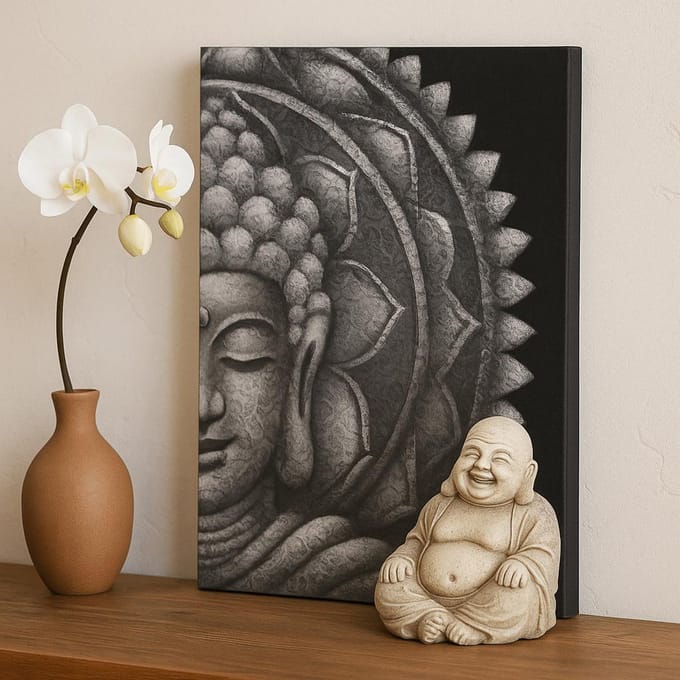 Grijze halve Boeddha Mandala 60x80cm