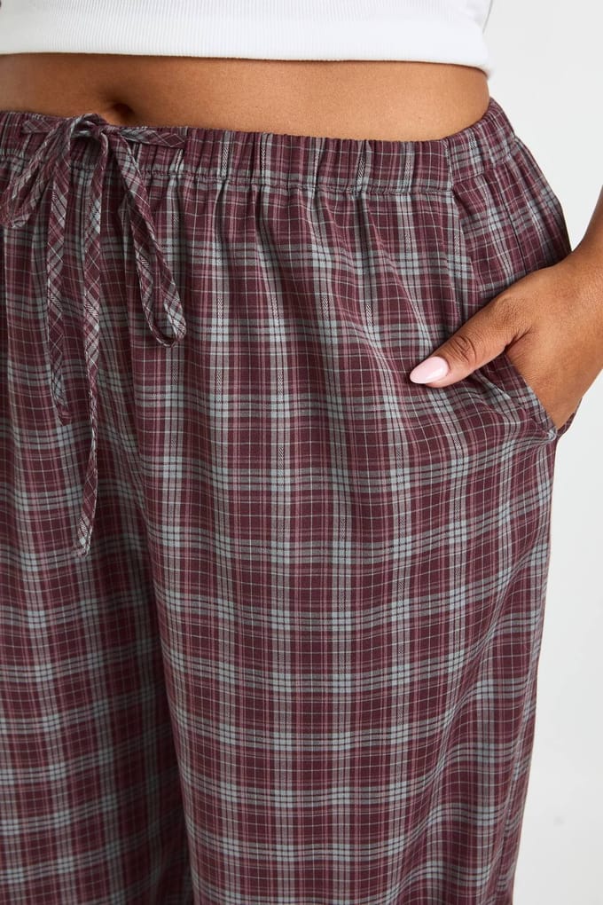 boohoo Dames Plus Check Trekkoord-taillebroek | Maroon | Maat: 18
