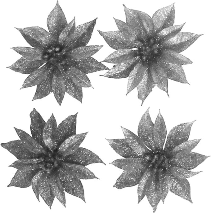 Kerstboomversiering Bloemen - 4x stuks - 9 cm - zilver glitter - op clip