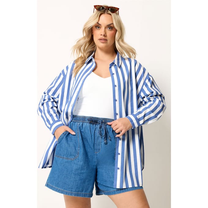 Yours Blauw Gestreept Linnen Overhemd Met Lange Mouwen Size 58-60