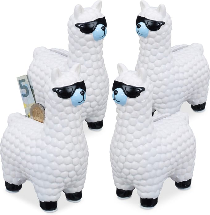 4x Lama spaarpot met zonnebril - spaarvarken - alpaca - keramiek - wit