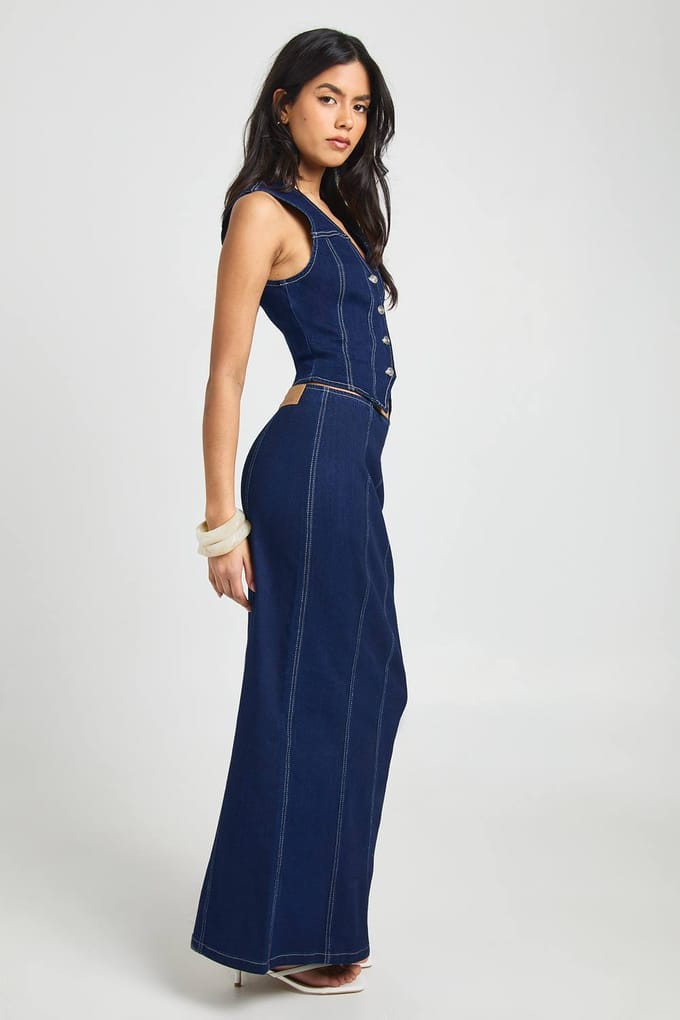 boohoo Dames Stretch Maxi Denim Rok | Indigo | Maat: 34