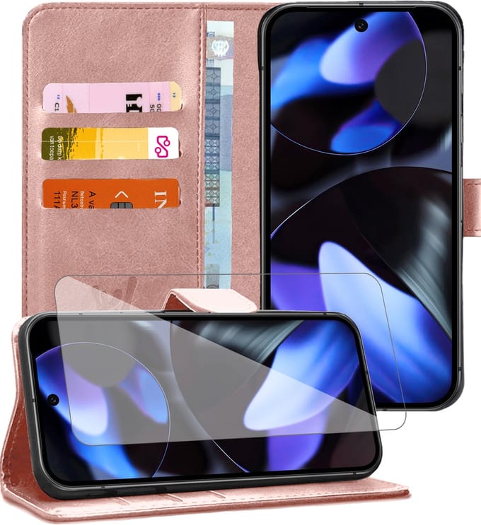 Hoesje geschikt voor Google Pixel 9a - Screenprotector Glas - Portemonnee Book Case Rosegoud