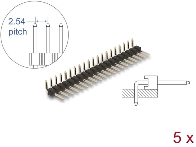 Delock Pin header 20 pin, pitch 2.54 mm, 1-row, angled, 5 pieces