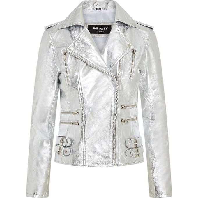 Dames leren zilveren Brando bikerjack - Loddon