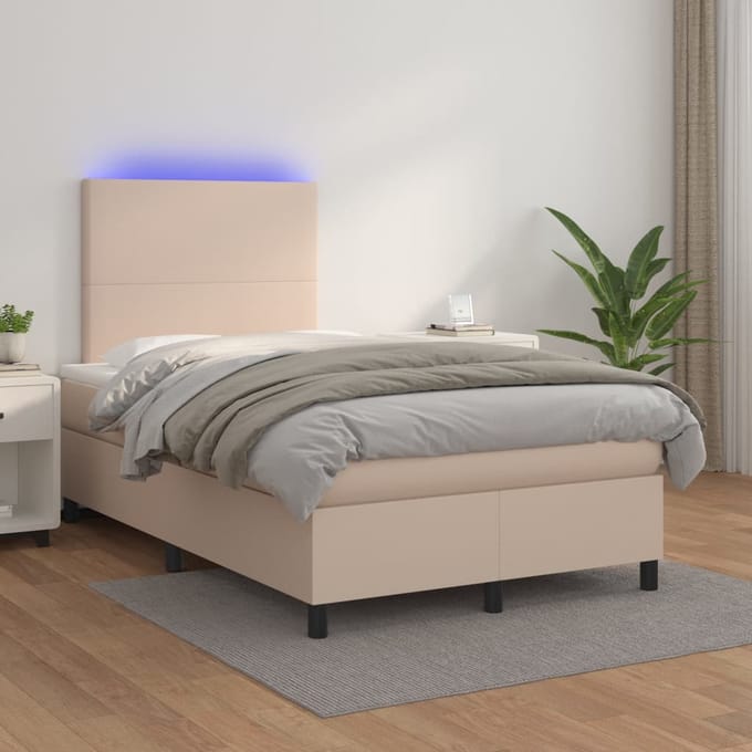 vidaXL - Boxspring - met - matras - en - LED - kunstleer - cappuccinokleur - 120x200cm