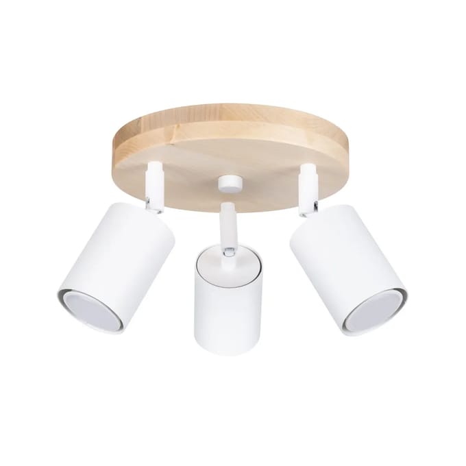 Plafondlamp VERDO 3P met 3 beweegbare spots op ronde basis - Sollux Lighting - IP20 - Wit/hout staal/hout behuizing - 33 x 33 x 17 cm - 3 x GU10 LED, exclusief lichtbron - 3 x 10 W - Scandinavische plafondlamp voor woonkamer, slaapkamer en eetkamer