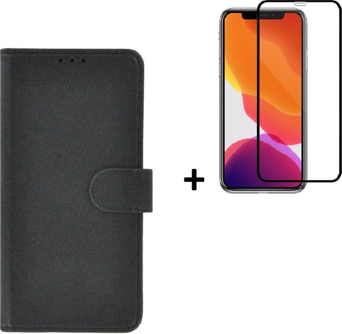 HoesjeGeschikt voor iPhone 11 Pro Max + Screenprotector iPhone 11 Pro Max - iPhone 11 Pro Max Hoes Wallet Bookcase Zwart + Full Tempered Glass