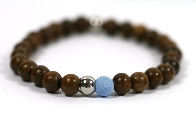 IbizaMen - robles hout 8mm - blauwe agaat - rvs kraal - 19cm