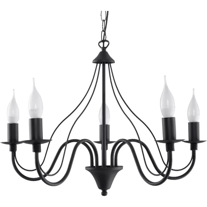Kroonluchter MINERWA 5 met 5 gebogen kaarsarmen - Sollux Lighting - IP20 - Zwart staal behuizing - 60 x 60 x 80 cm - 5 x E14 LED, exclusief lichtbron - 5 x 10 W - Moderne kroonluchter voor woonkamer, slaapkamer en eetkamer