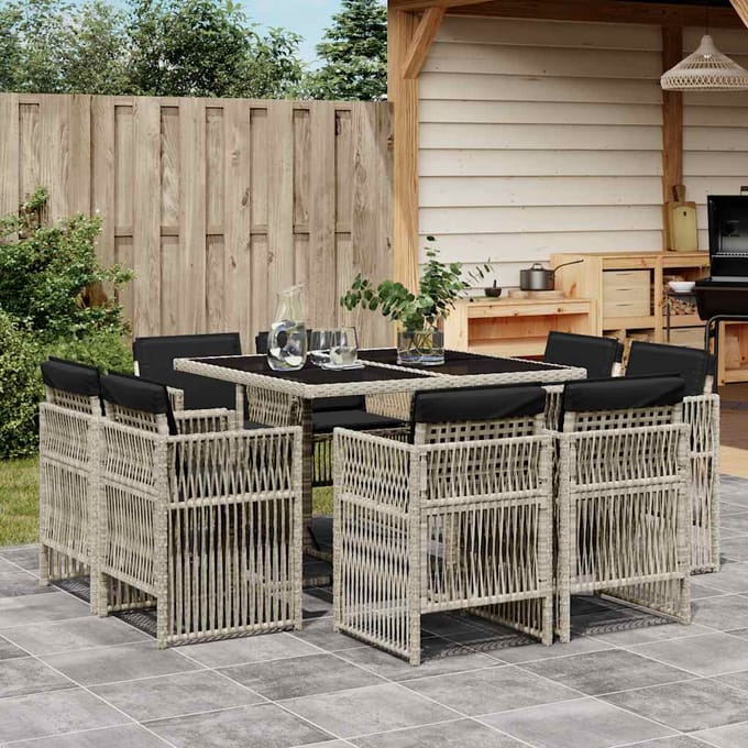 vidaXL - 9-delige - Tuinset - met - kussens - poly - rattan - lichtgrijs