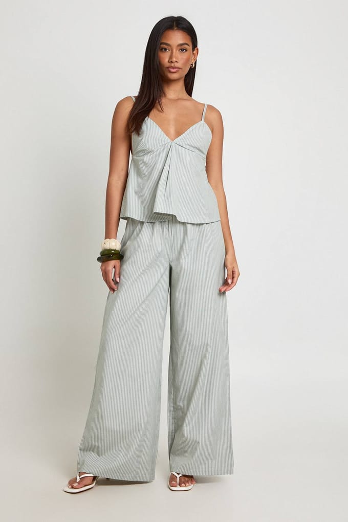 boohoo Dames Gestreepte Poplin Cami En Wijde Broek Set | Groente | Maat: 34