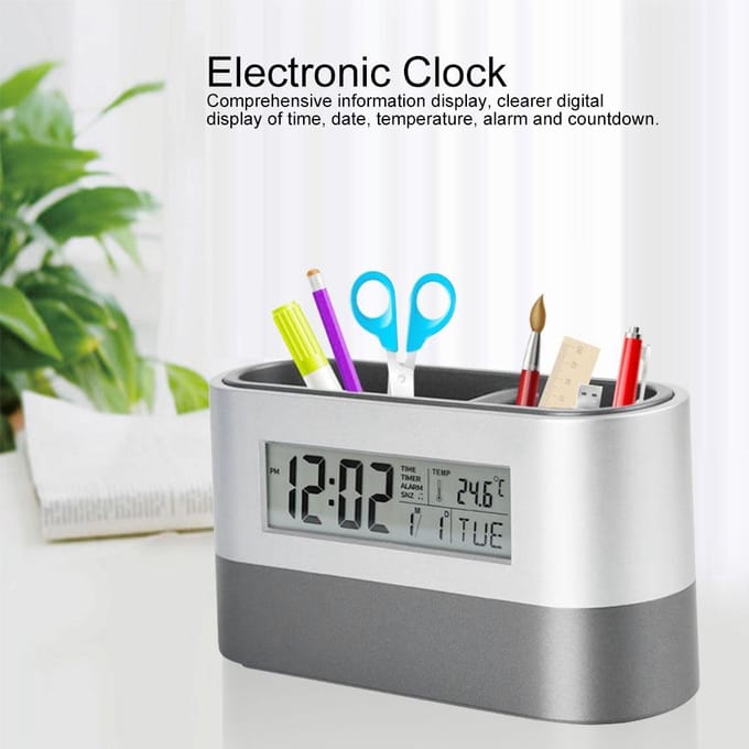 Horloge numérique LCD innovante avec porte-stylo et affichage de la température à calendrier perpétuel white