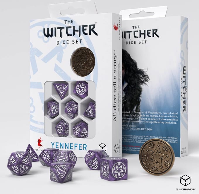 Q-Workshop The Witcher Dice Set - Yennefer - Lila en Kruisbessen (7 stuks + munt)