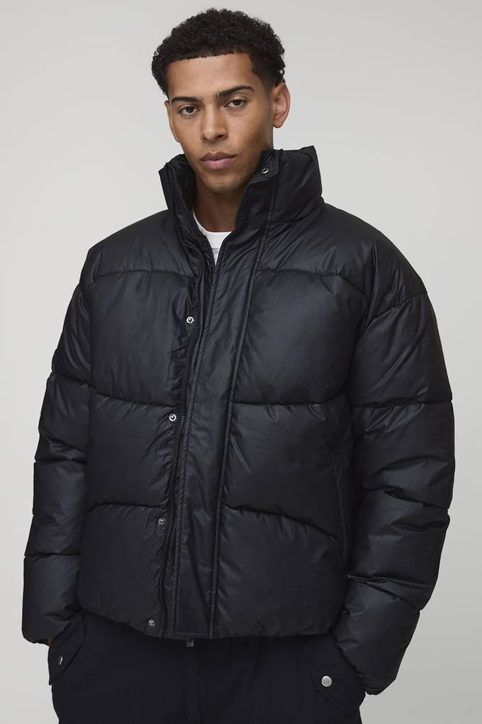Regular Fit Crinkle High Shine Panelled Funnel Neck Puffer Jacket | Black | Size Medium