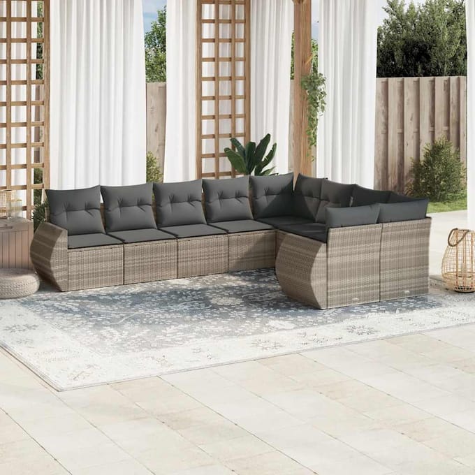 vidaXL - 9-delige - Loungeset - met - kussens - poly - rattan - lichtgrijs