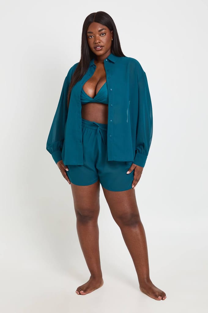 boohoo Dames Plus Chiffon Strandshort | Teal | Maat: 28