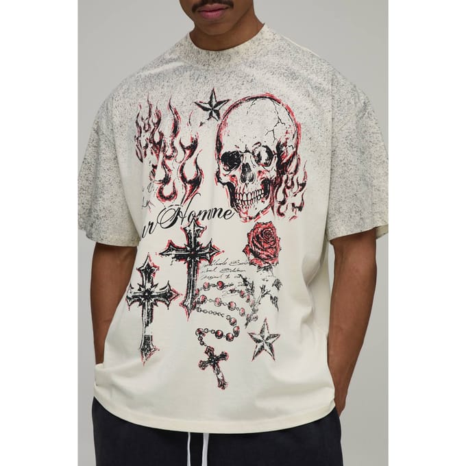 Ecru Oversized T-shirt Met Doodle Print En Spray Wash | Size XS