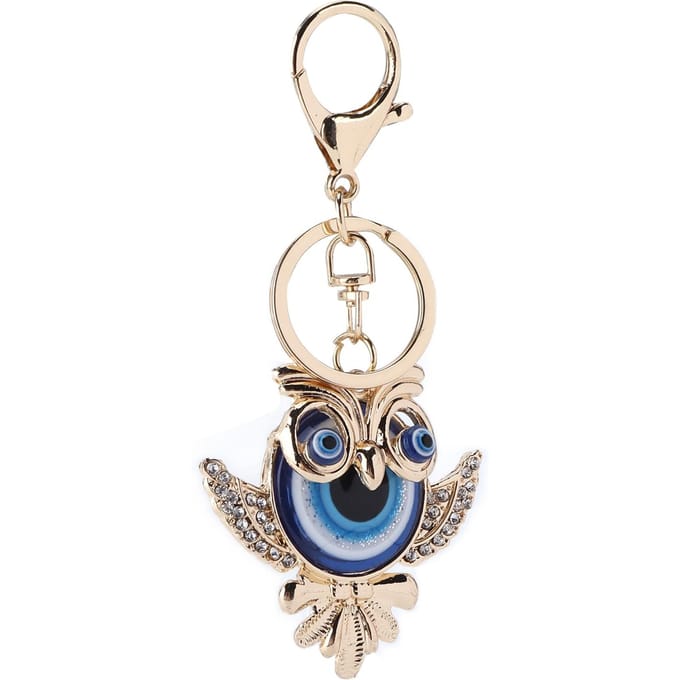 Strass Sleutelhanger Mode Sieraden Tas Portemonnee Accessoires met Uil Blauw Turks Boze Oog Hanger beige