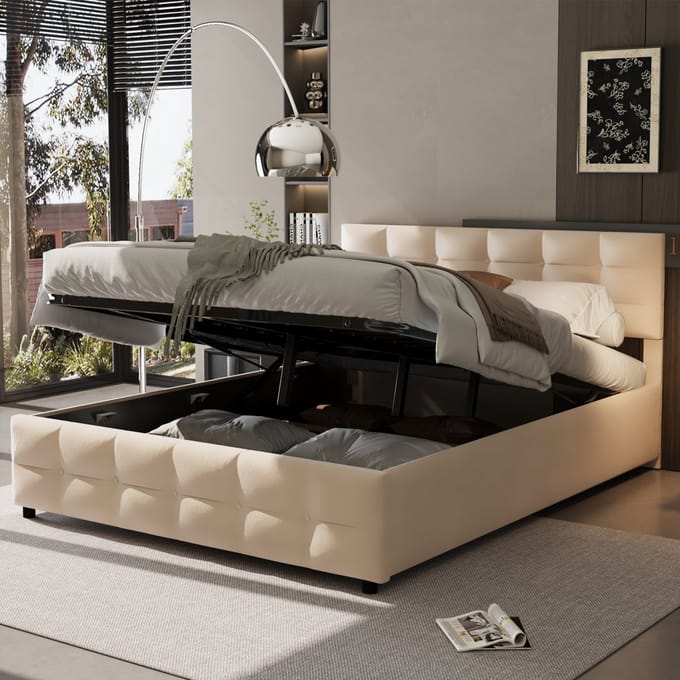 Gestoffeerd bed - 180x200 cm - Hydraulisch Bed met Lattenbodem - Modern en Comfortabel - Fluweel - Beige