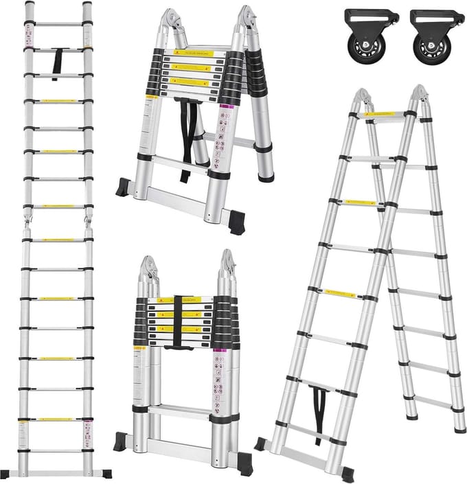 Telescopische ladder van aluminium - uitschuifbare ladder tot 5 m, multifunctioneel en draagbaar